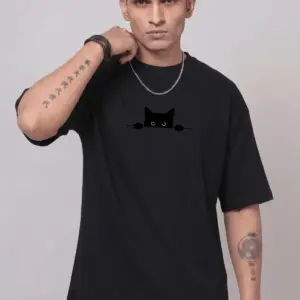 Wanesa Men’s “Peeking Void” Oversized Graphic T-Shirt – Shadow Black