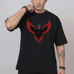 Wanesa Men’s “Ignite Phoenix” Oversized Cotton Graphic T-Shirt – Midnight Black