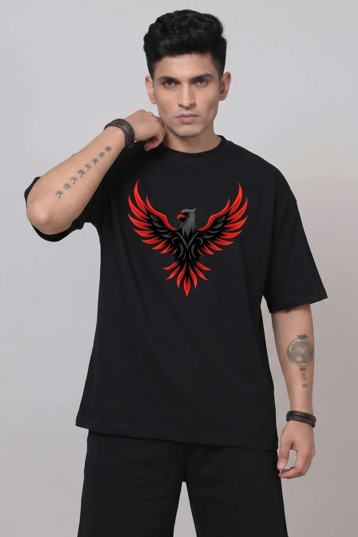 Wanesa Men’s "Ignite Phoenix" Oversized Cotton Graphic T-Shirt – Midnight Black
