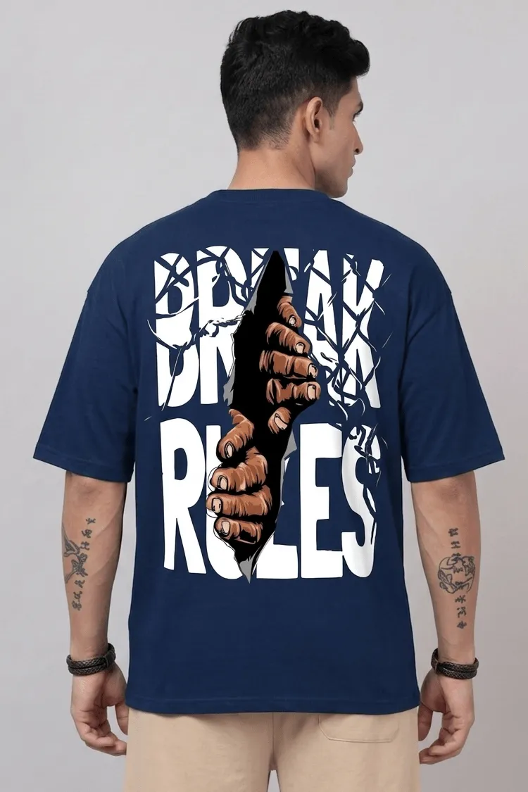 Wanesa Men’s "Break the Rules" Dual-Graphic Oversized Tee – Navy Blue