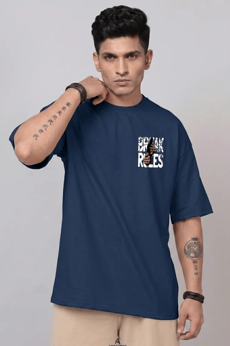 Wanesa Men’s "Break the Rules" Dual-Graphic Oversized Tee – Navy Blue
