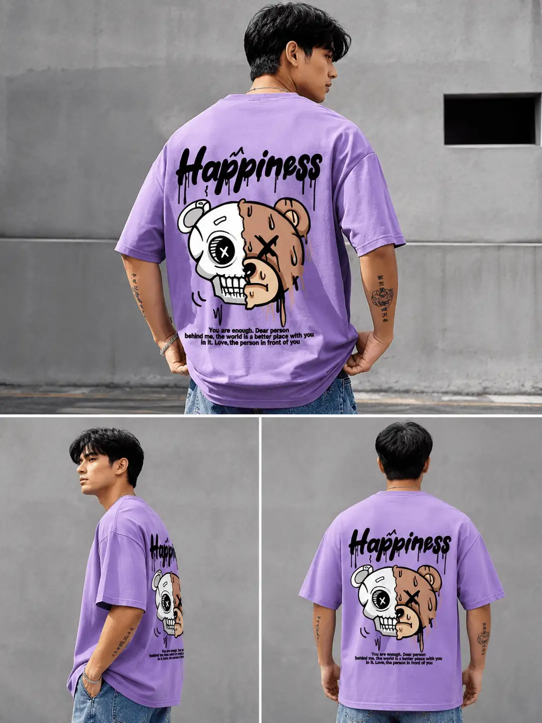 Men's Oversized Lavender Graphic T-Shirt – Half Skull Teddy Bear Print