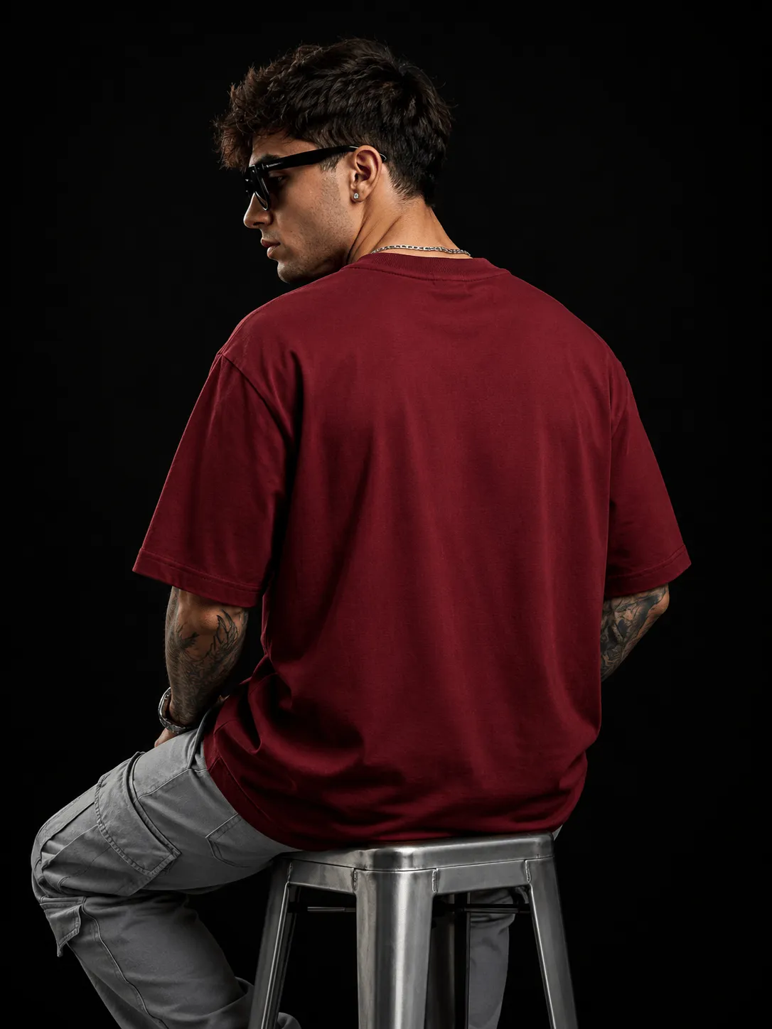 Men's Oversized Beige & Maroon Colourblock T-Shirt – Red Sun Stag Graphic