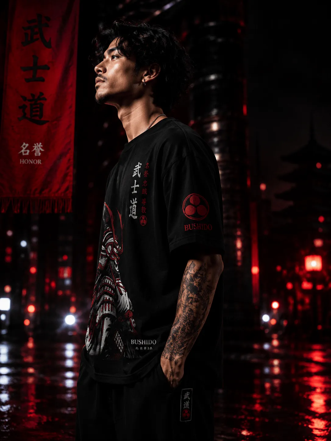 Men's Oversized Black Bushido Samurai Graphic T-Shirt – Japanese Warrior Print