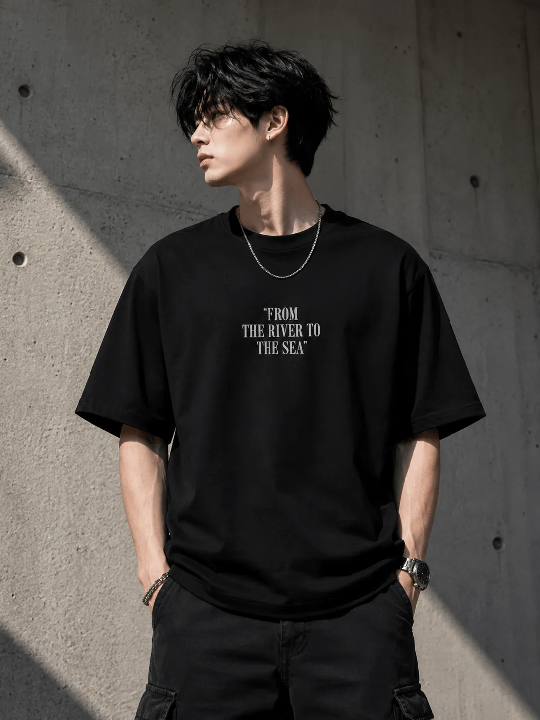 Men's Oversized Black Keffiyeh Pattern Back-Printed T-Shirt – "From The River To The Sea" Statement Tee