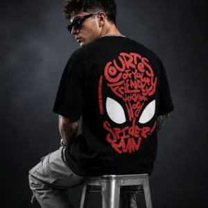 Men’s Oversized Black Back-Printed T-Shirt – “Friendly Neighborhood” Spider Mask Typography