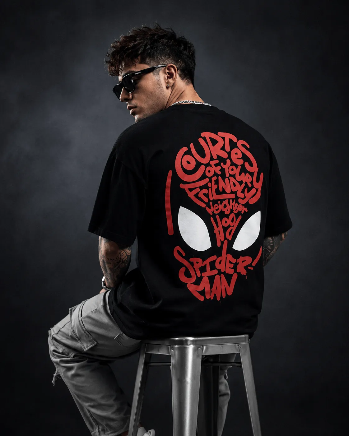 Men's Oversized Black Back-Printed T-Shirt – “Friendly Neighborhood” Spider Mask Typography