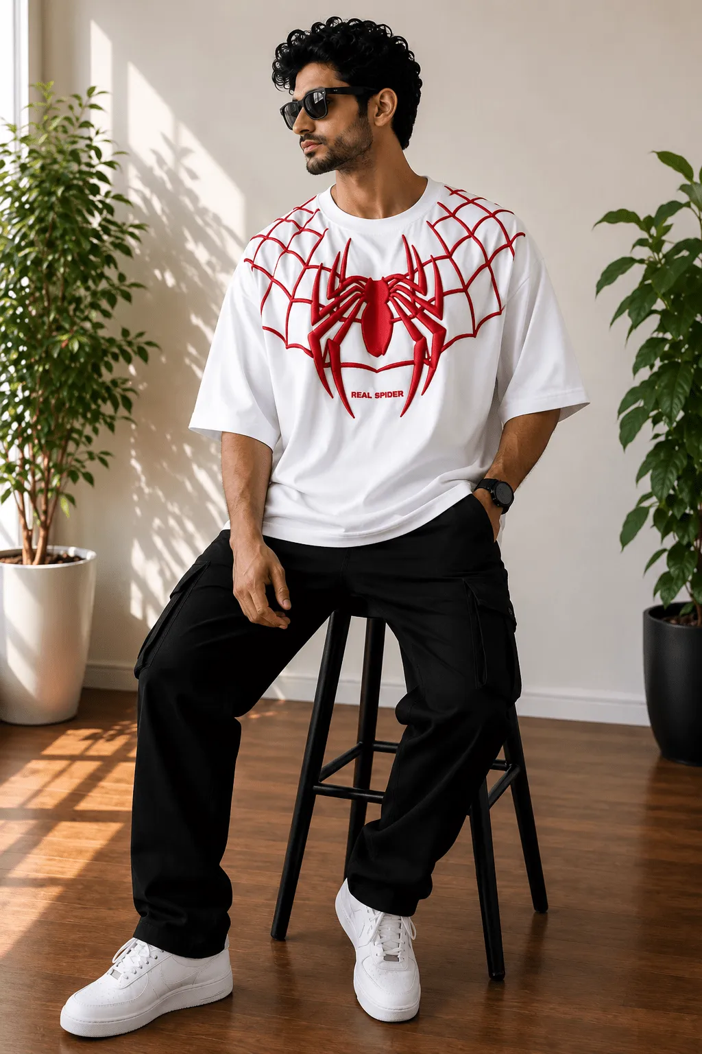 Men's Oversized White 3D Spider Web Graphic T-Shirt – "Real Spider" Embossed Print