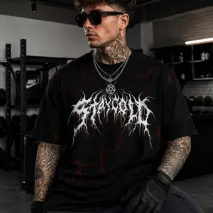 Men’s Oversized Black Metal Typography T-Shirt – “StayCold” Lightning Print