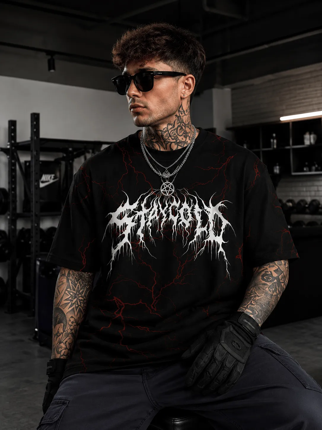 Men's Oversized Black Metal Typography T-Shirt – “StayCold” Lightning Print