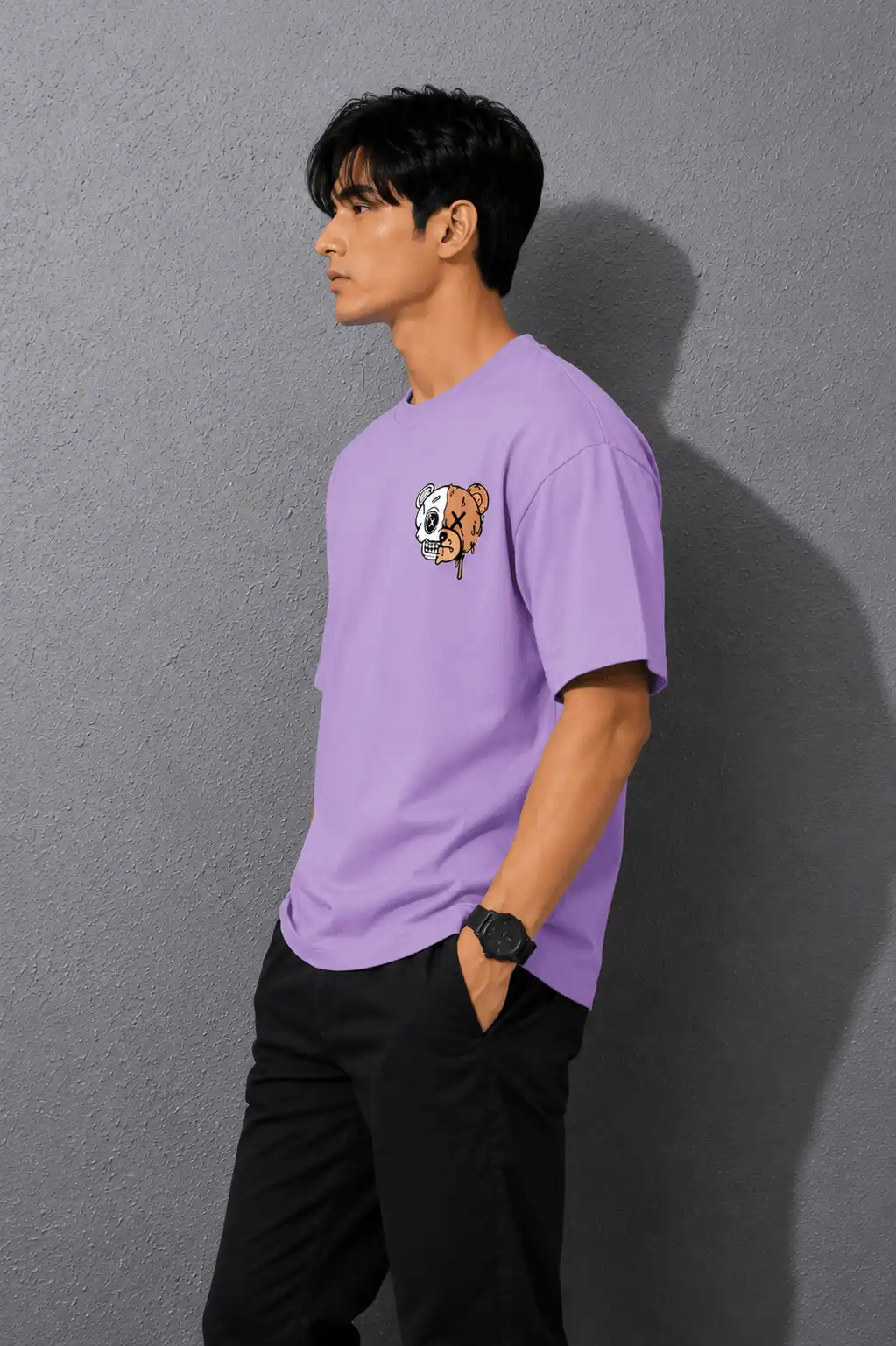 Men's Oversized Lavender Graphic T-Shirt – Half Skull Teddy Bear Print