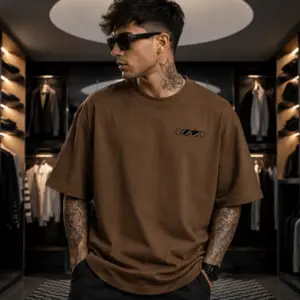 Men’s Oversized Brown Minimal Graphic T-Shirt – “GOOD” Sunglasses & Heart Print