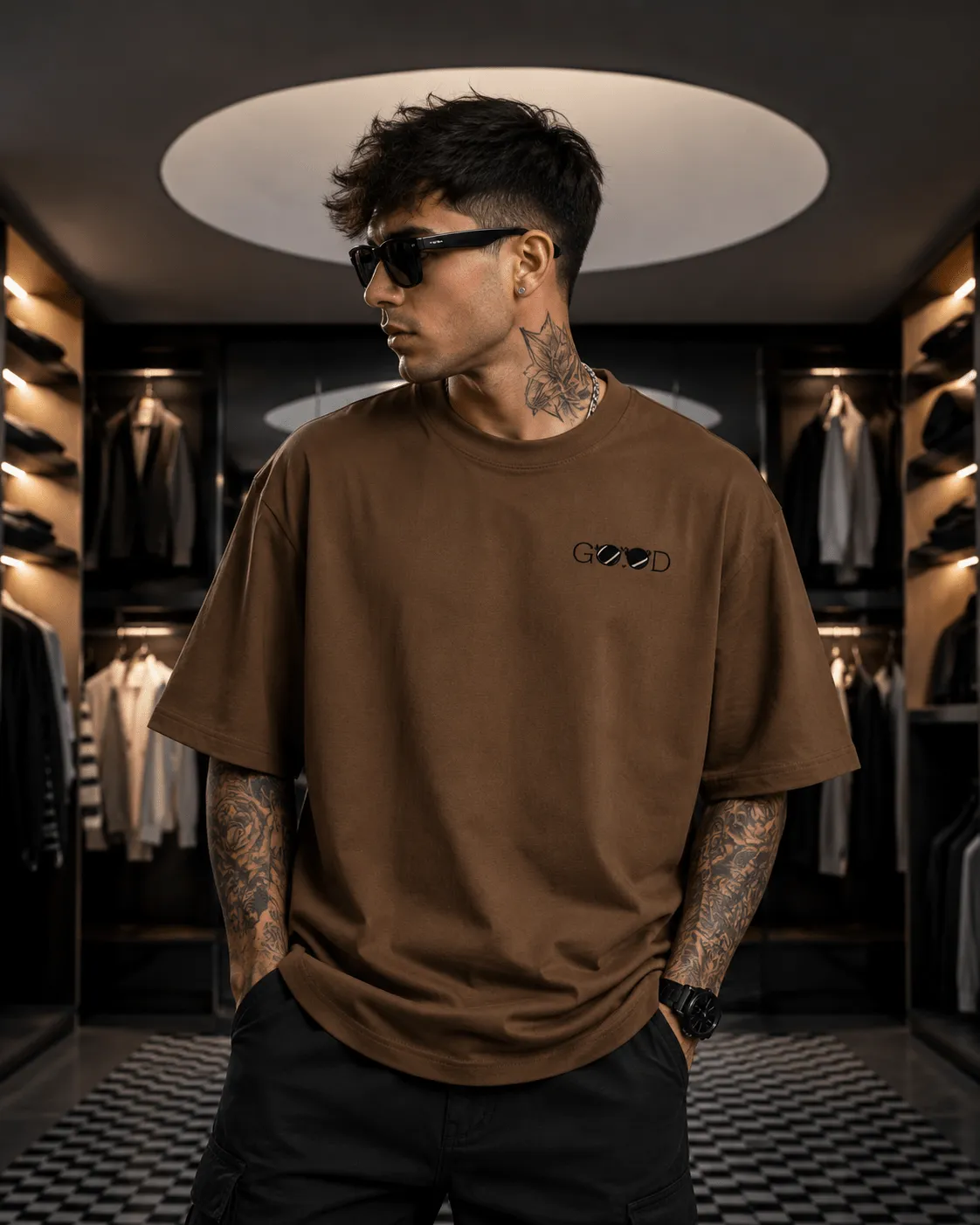 Men's Oversized Brown Minimal Graphic T-Shirt – "GOOD" Sunglasses & Heart Print