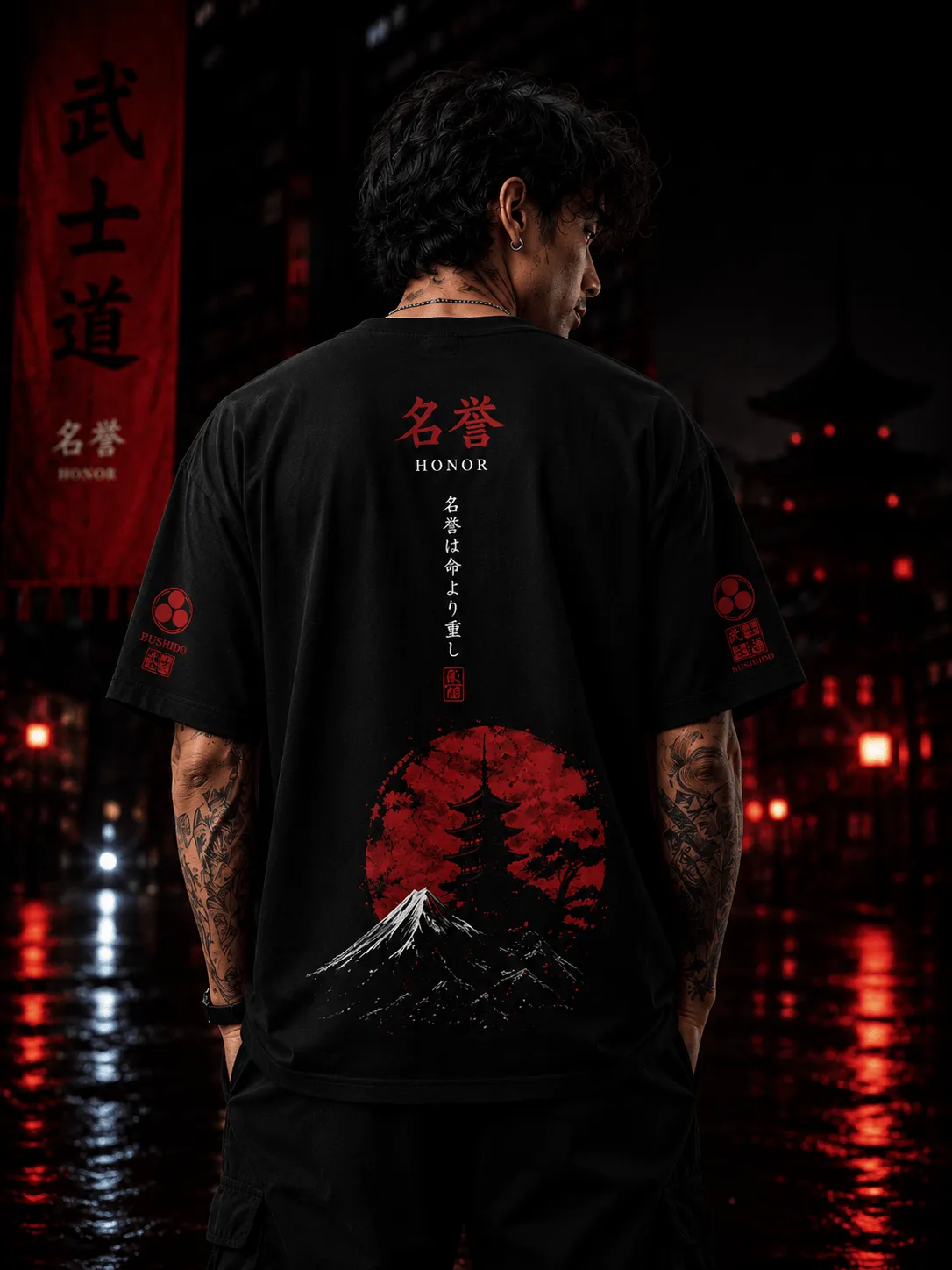 Men's Oversized Black Bushido Samurai Graphic T-Shirt – Japanese Warrior Print