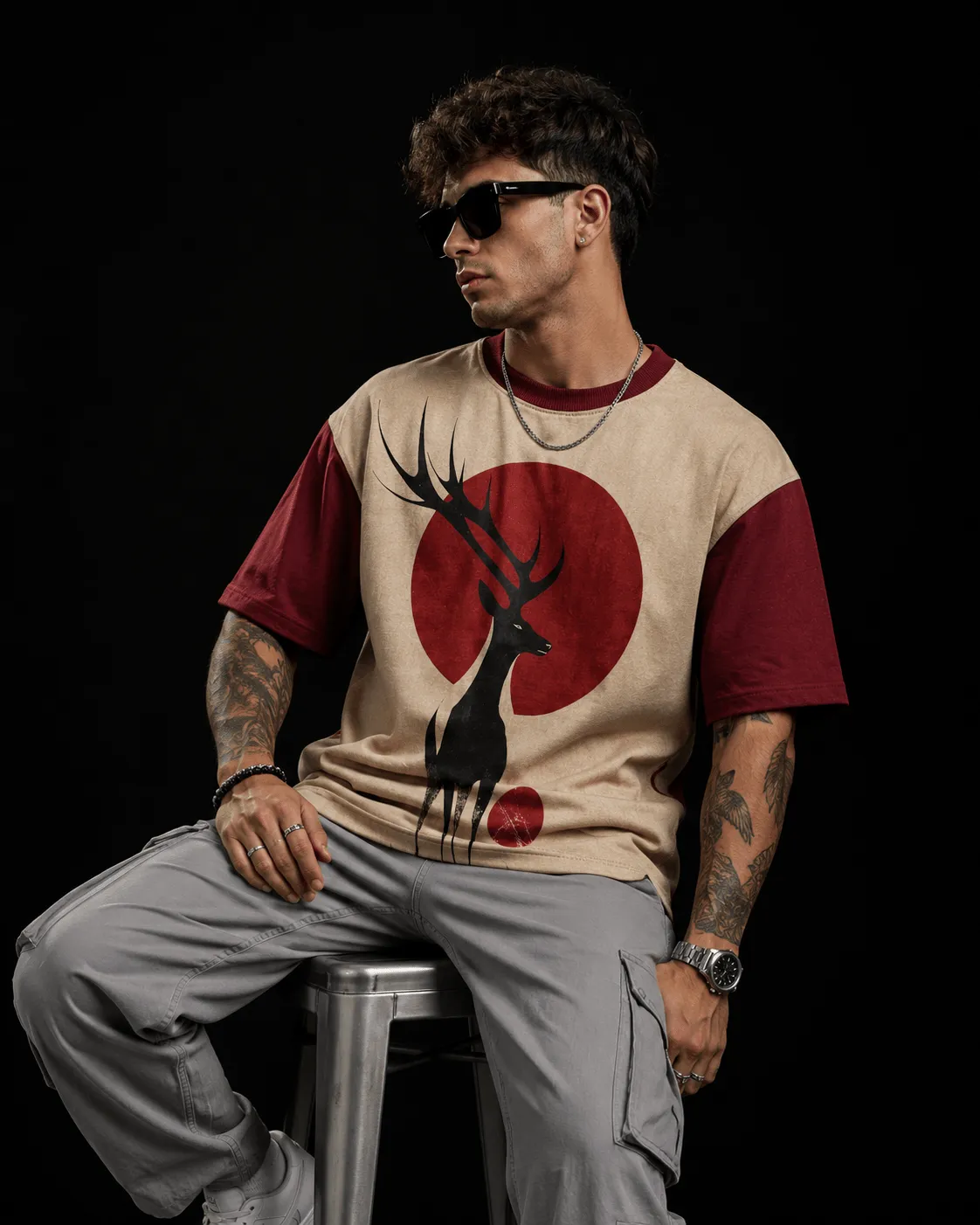 Men's Oversized Beige & Maroon Colourblock T-Shirt – Red Sun Stag Graphic