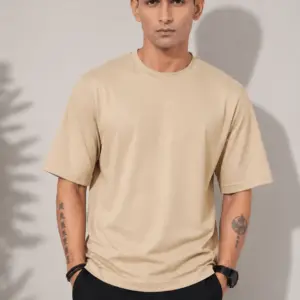 Men’s Oversized Solid Beige Round Neck Half Sleeve Cotton T-Shirt