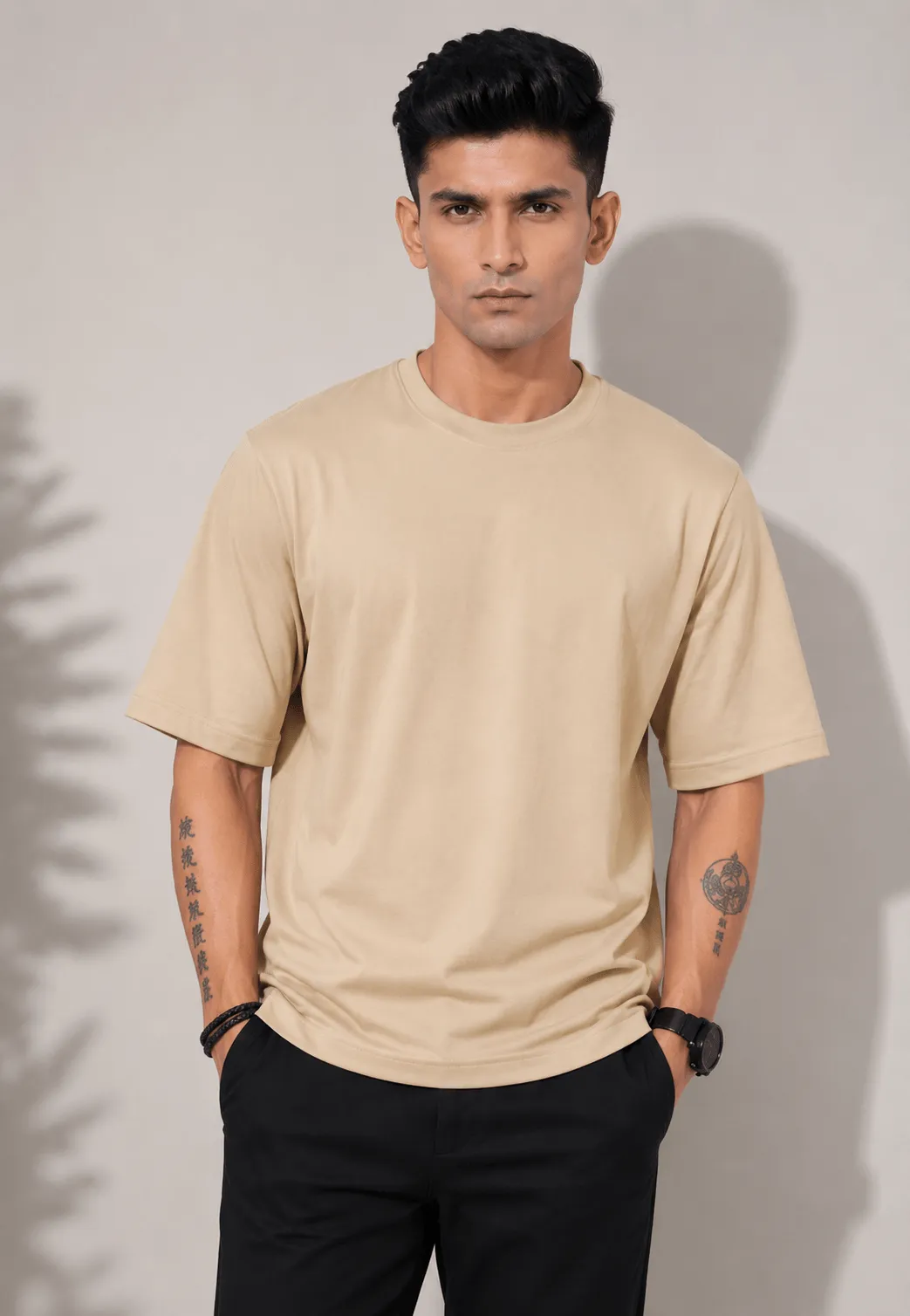 Men’s Oversized Solid Beige Round Neck Half Sleeve Cotton T-Shirt