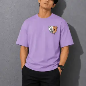 Men’s Oversized Lavender Graphic T-Shirt – Half Skull Teddy Bear Print