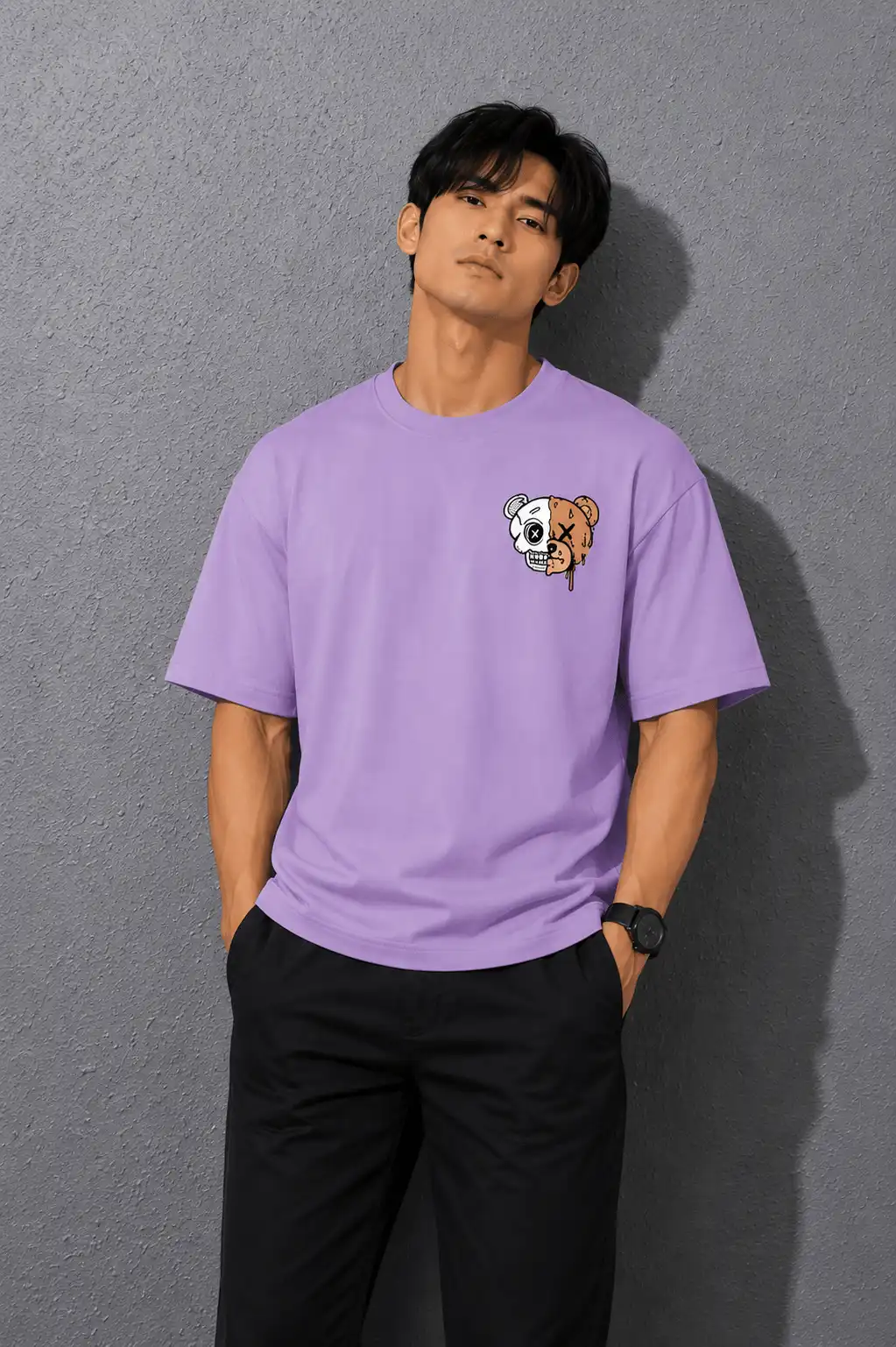 Men's Oversized Lavender Graphic T-Shirt – Half Skull Teddy Bear Print