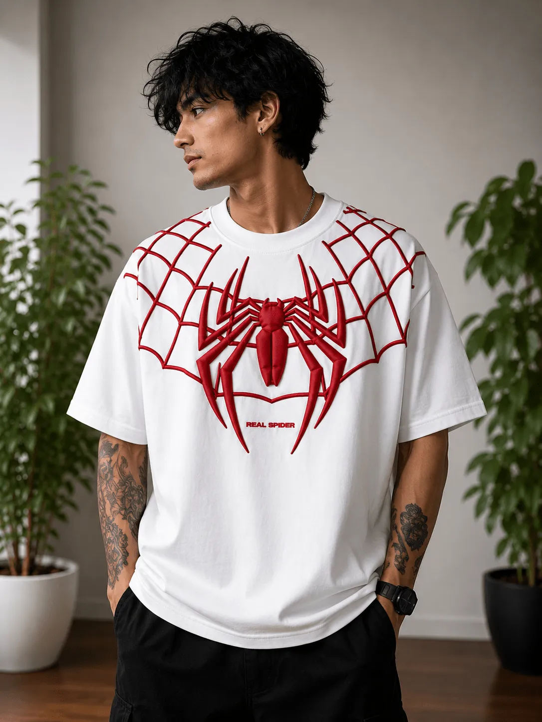 Men's Oversized White 3D Spider Web Graphic T-Shirt – "Real Spider" Embossed Print