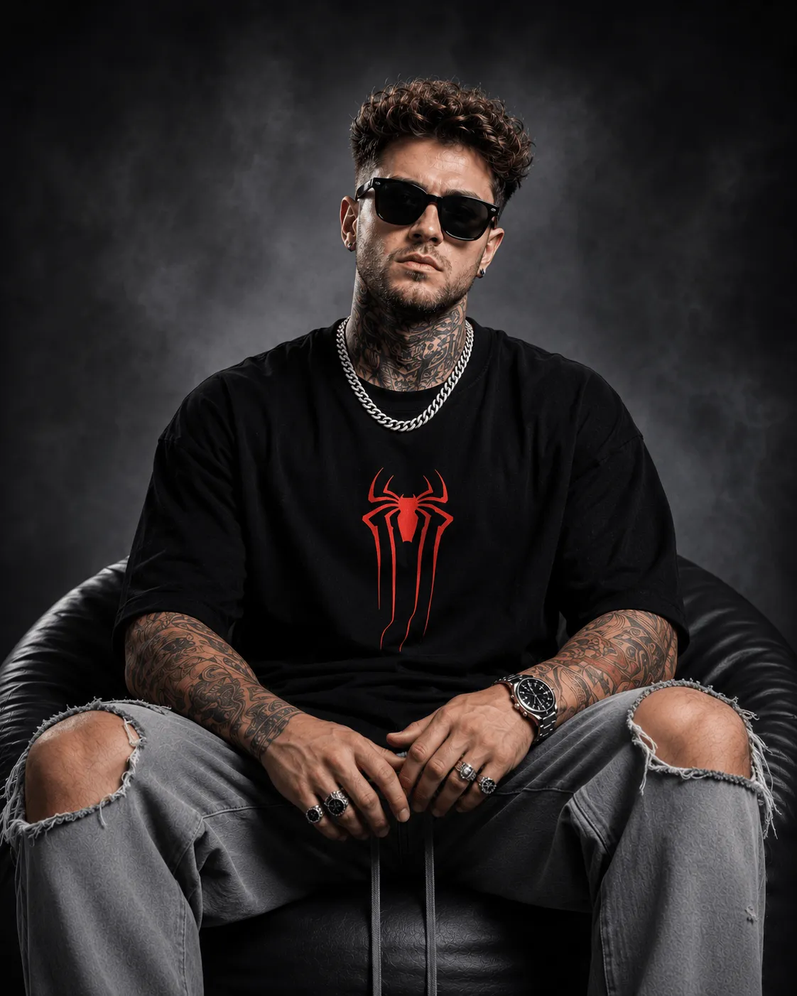 Men's Oversized Black Back-Printed T-Shirt – “Friendly Neighborhood” Spider Mask Typography