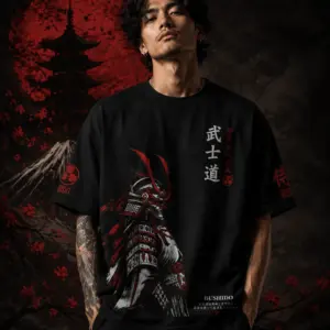 Men’s Oversized Black Bushido Samurai Graphic T-Shirt – Japanese Warrior Print