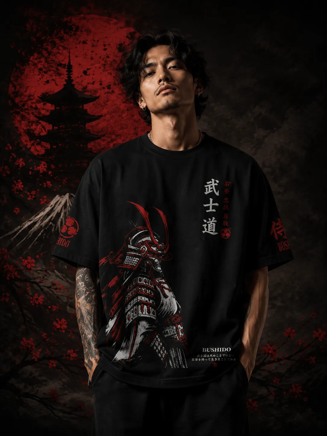 Men's Oversized Black Bushido Samurai Graphic T-Shirt – Japanese Warrior Print