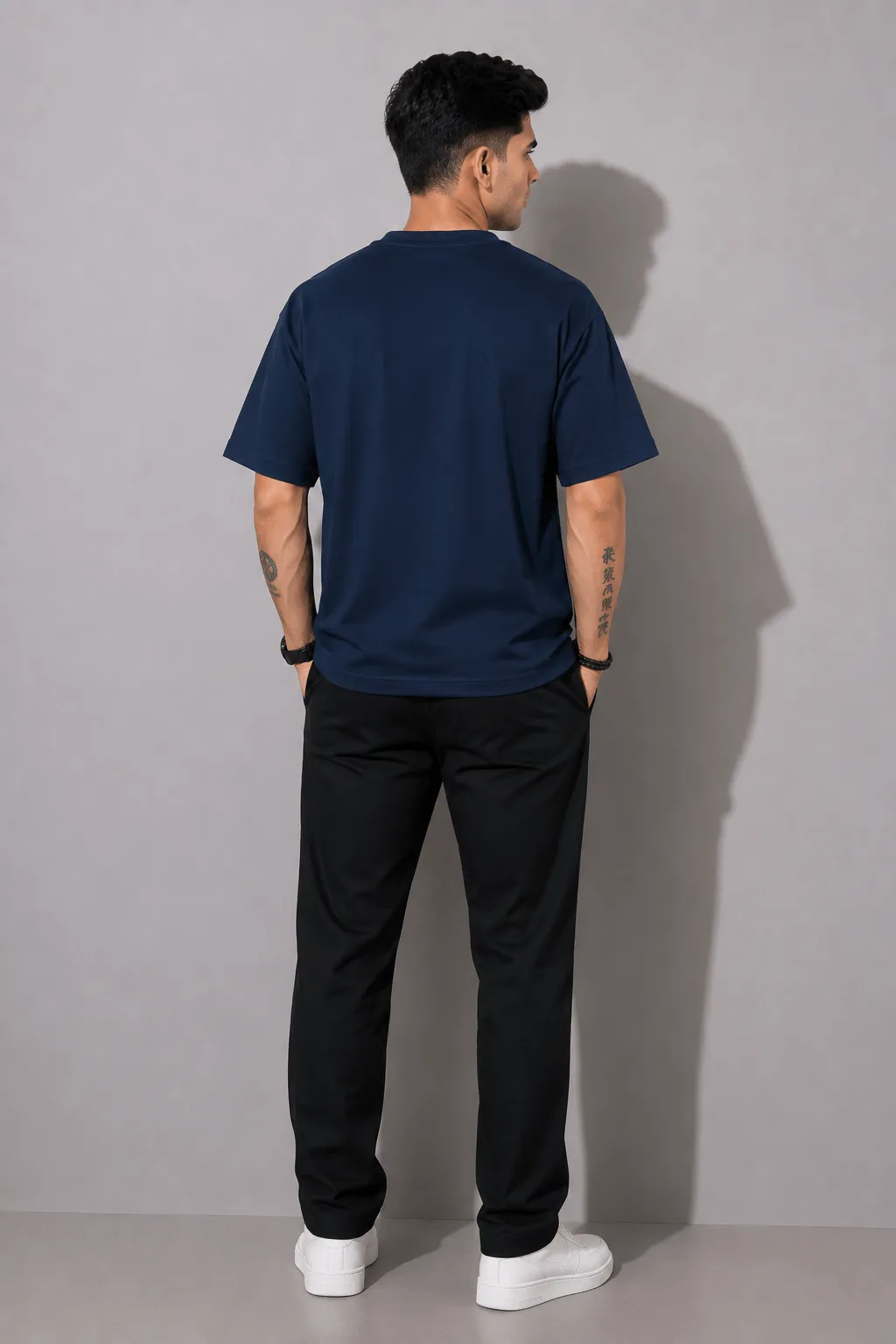 Men's Oversized Navy Blue "Never Give Up" Motivational Printed Round Neck T-Shirt