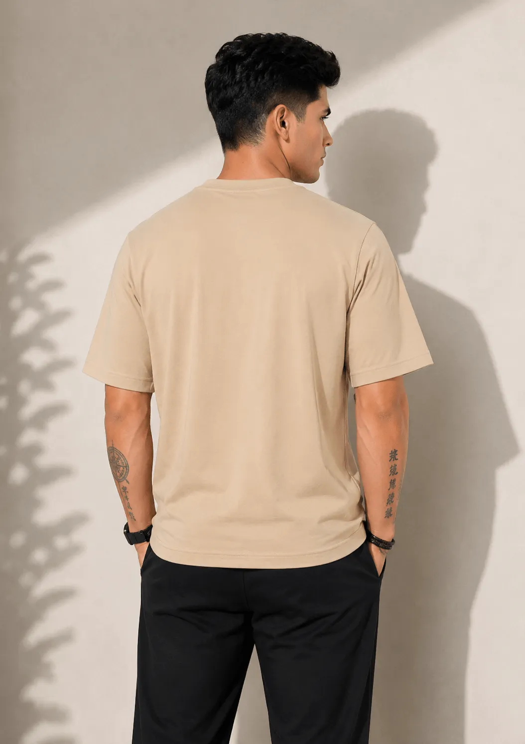 Men’s Oversized Solid Beige Round Neck Half Sleeve Cotton T-Shirt