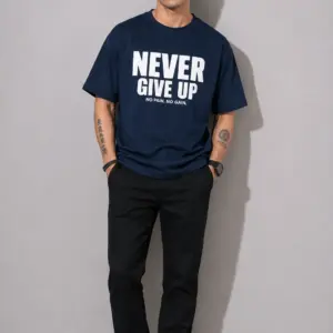 Men’s Oversized Navy Blue “Never Give Up” Motivational Printed Round Neck T-Shirt