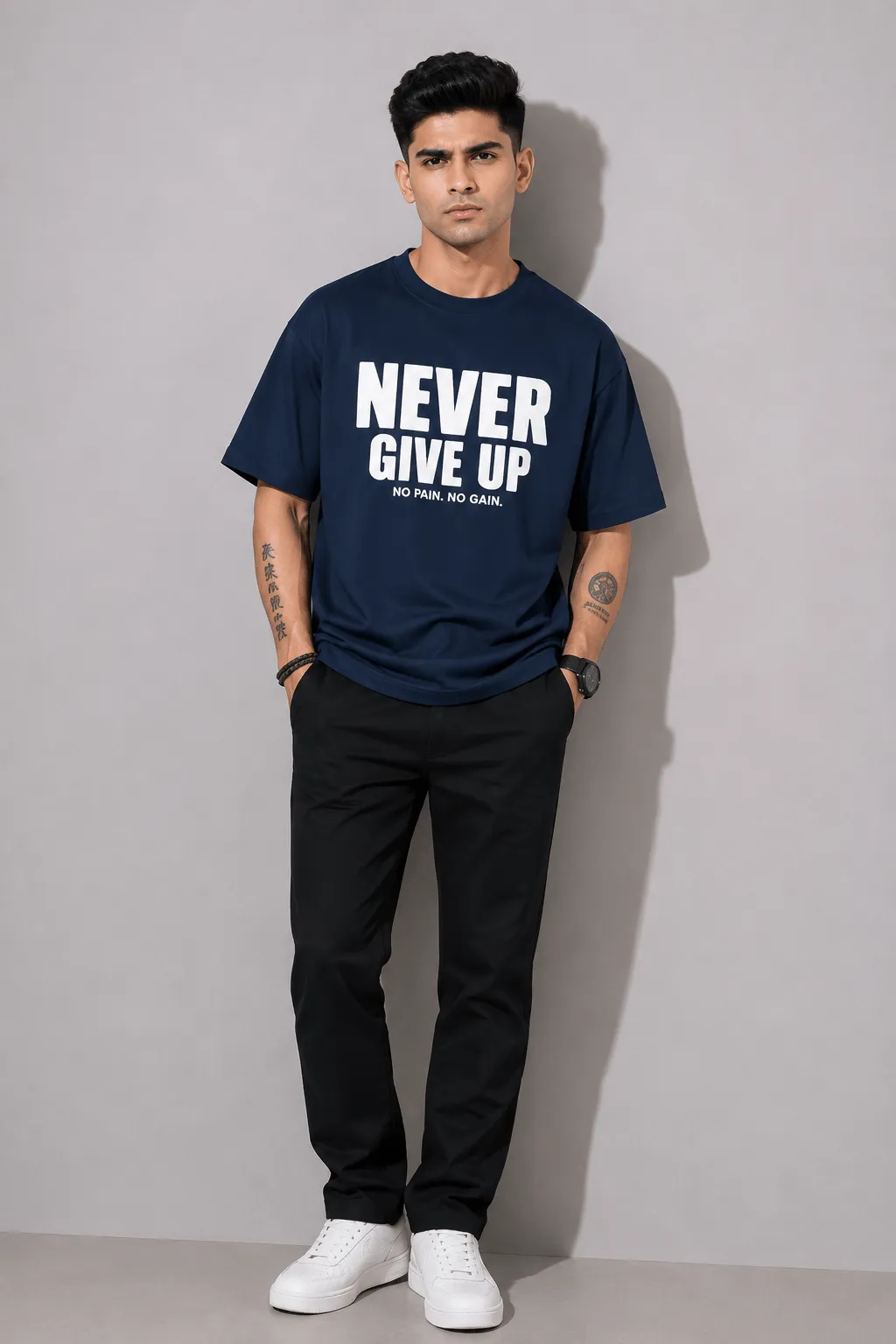 Men's Oversized Navy Blue "Never Give Up" Motivational Printed Round Neck T-Shirt