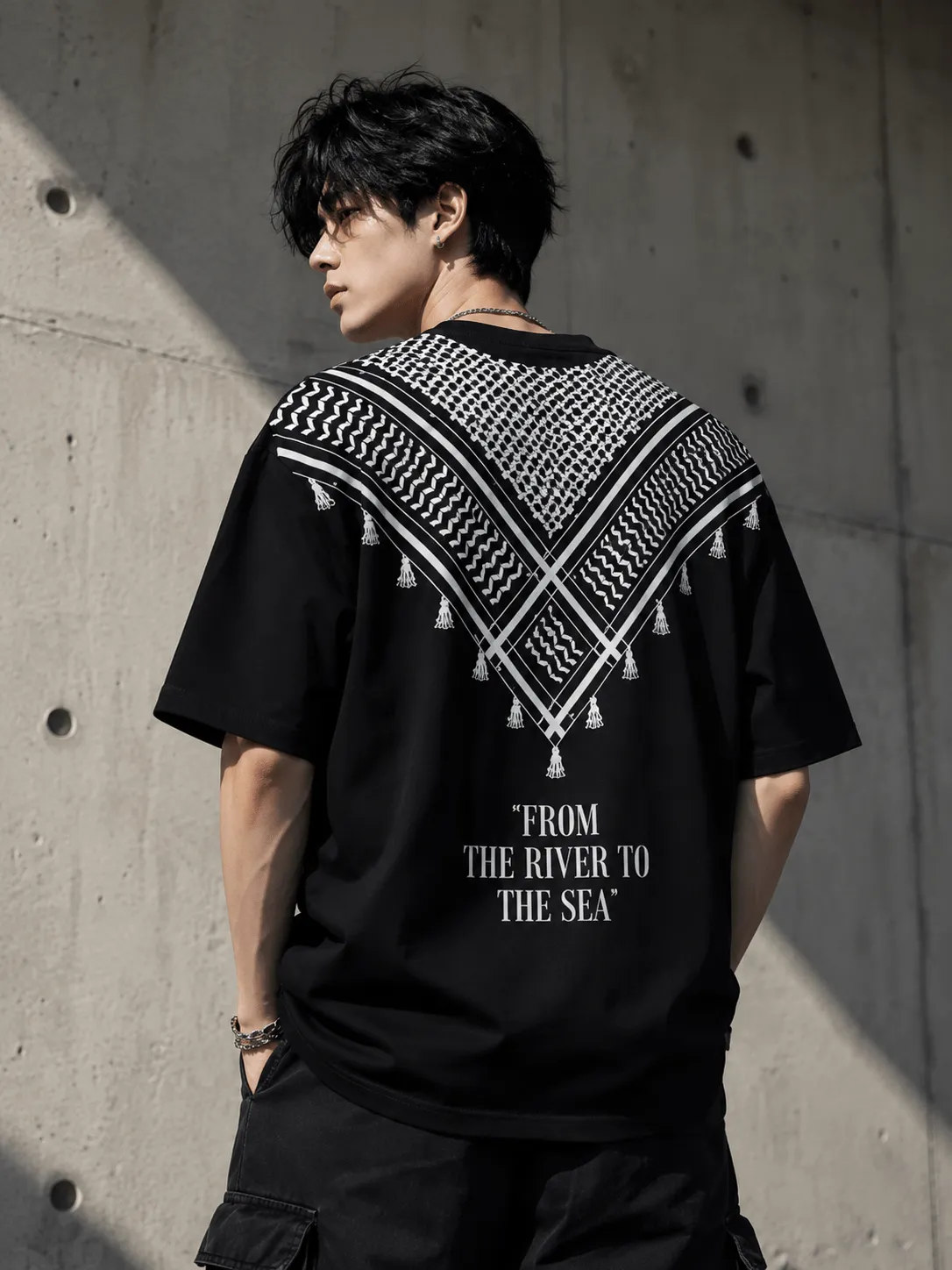 Men's Oversized Black Keffiyeh Pattern Back-Printed T-Shirt – "From The River To The Sea" Statement Tee