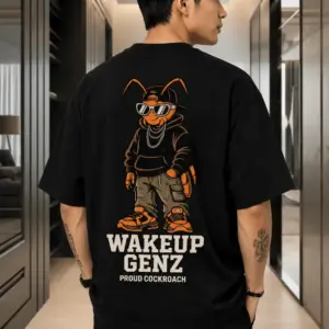 Men’s Oversized Black Back-Printed T-Shirt – “Wakeup GenZ Proud Cockroach” Graphic