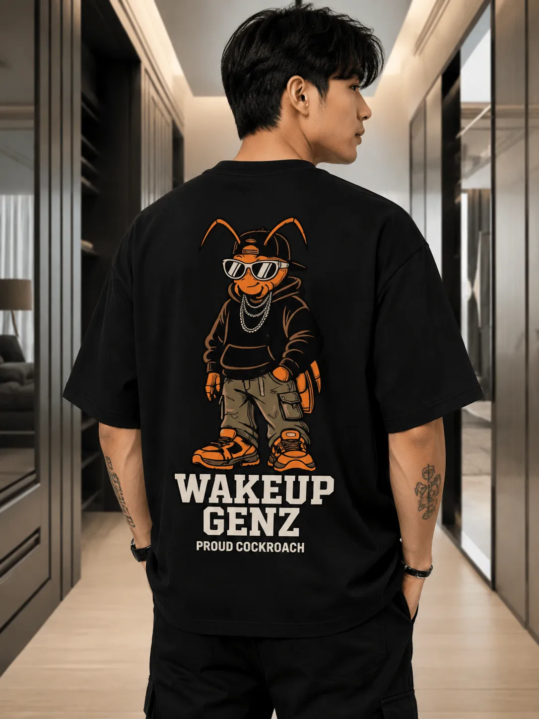 Men's Oversized Black Back-Printed T-Shirt – “Wakeup GenZ Proud Cockroach” Graphic