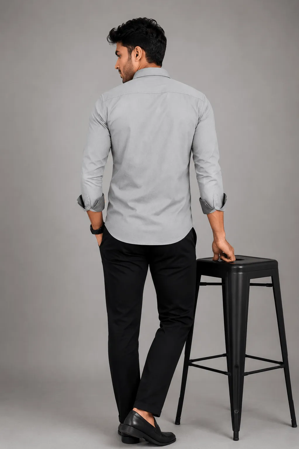 Men's Slim Fit Light Grey Solid Full Sleeve Shirt with Dark Grey Contrast Details