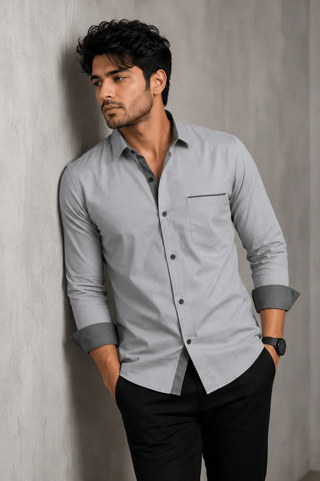 Men's Slim Fit Light Grey Solid Full Sleeve Shirt with Dark Grey Contrast Details