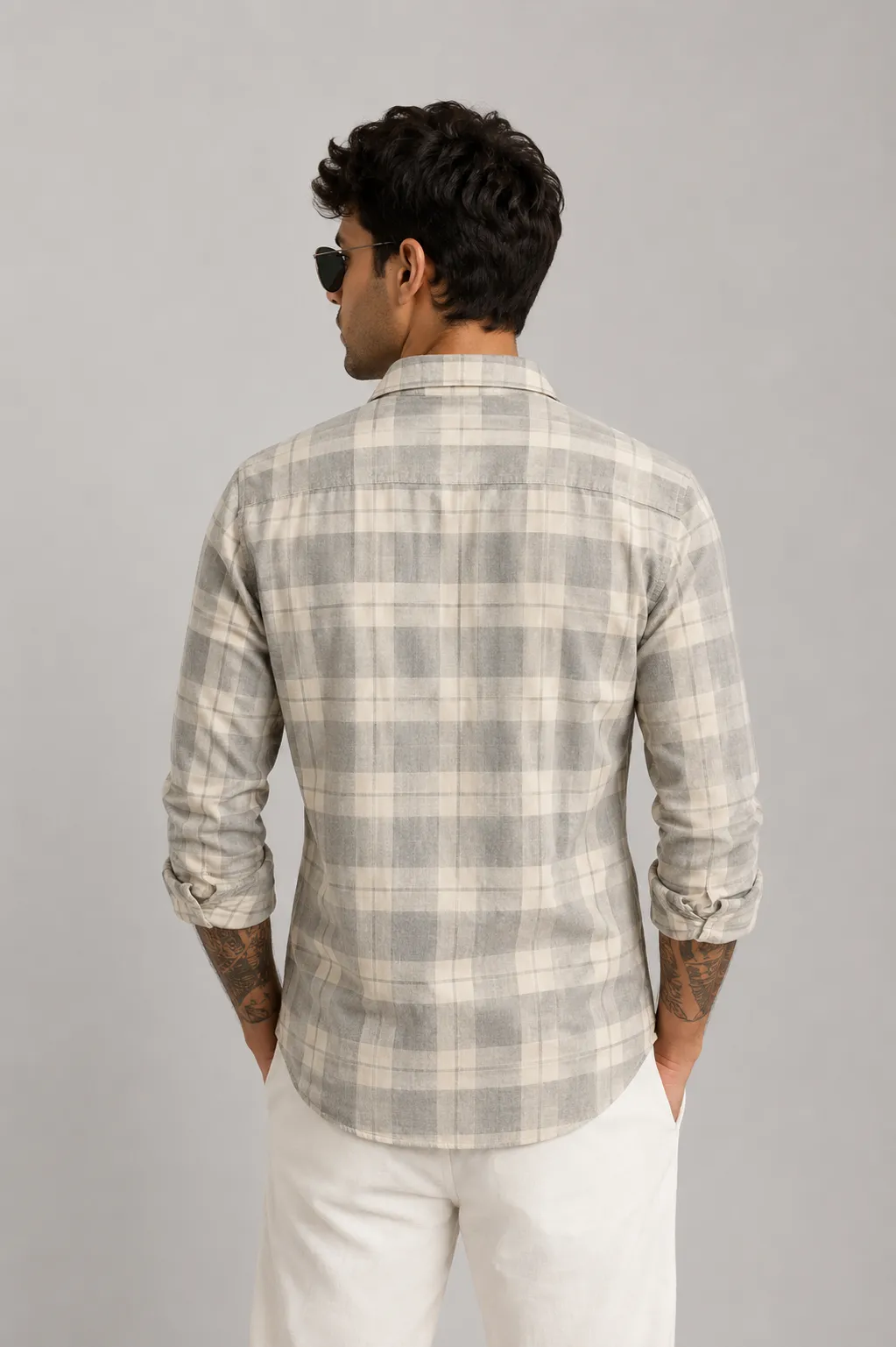 Men's Relaxed Fit Sage Green & Off-White Checkered Full Sleeve Casual Shirt