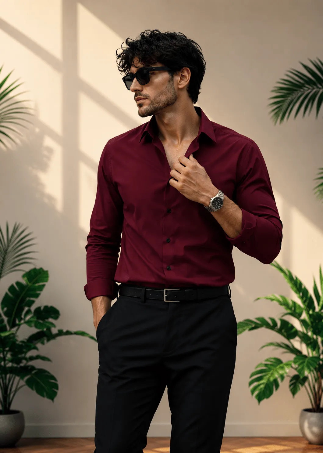Men's Slim Fit Maroon Solid Full Sleeve Casual Shirt