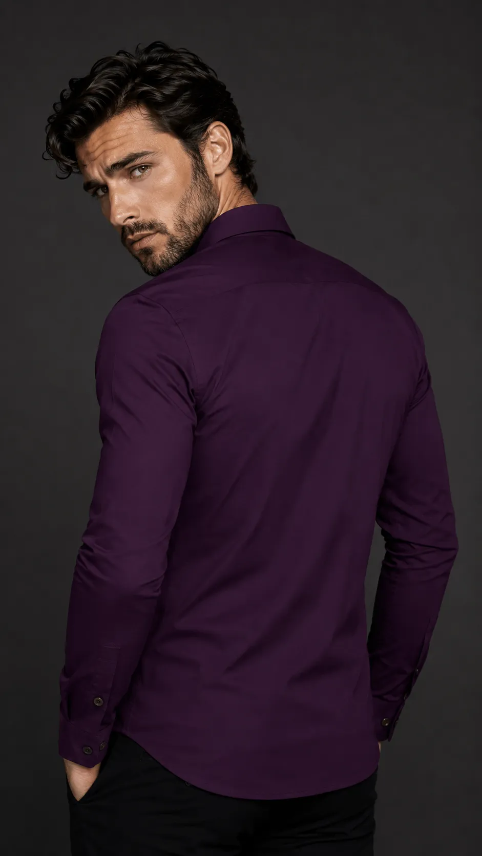 Men's Slim Fit Solid Deep Purple Full Sleeve Shirt with Black Contrast Pocket Piping