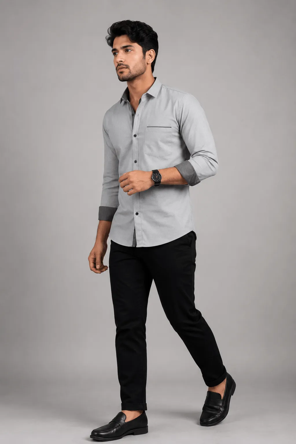 Men's Slim Fit Light Grey Solid Full Sleeve Shirt with Dark Grey Contrast Details