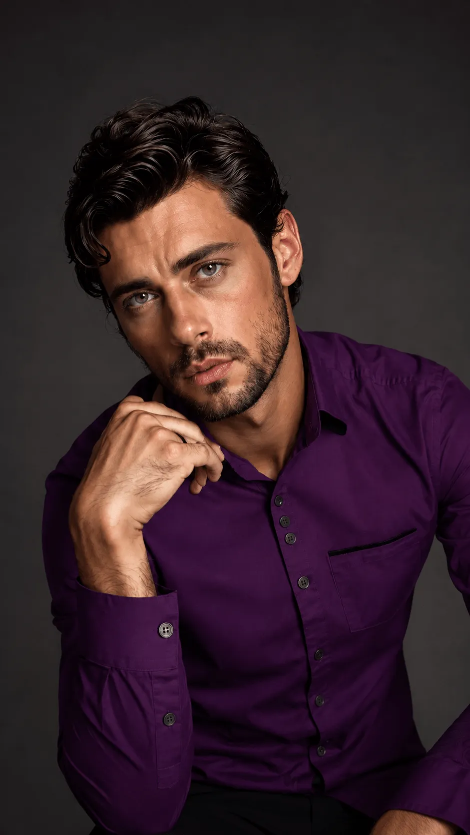 Men's Slim Fit Solid Deep Purple Full Sleeve Shirt with Black Contrast Pocket Piping