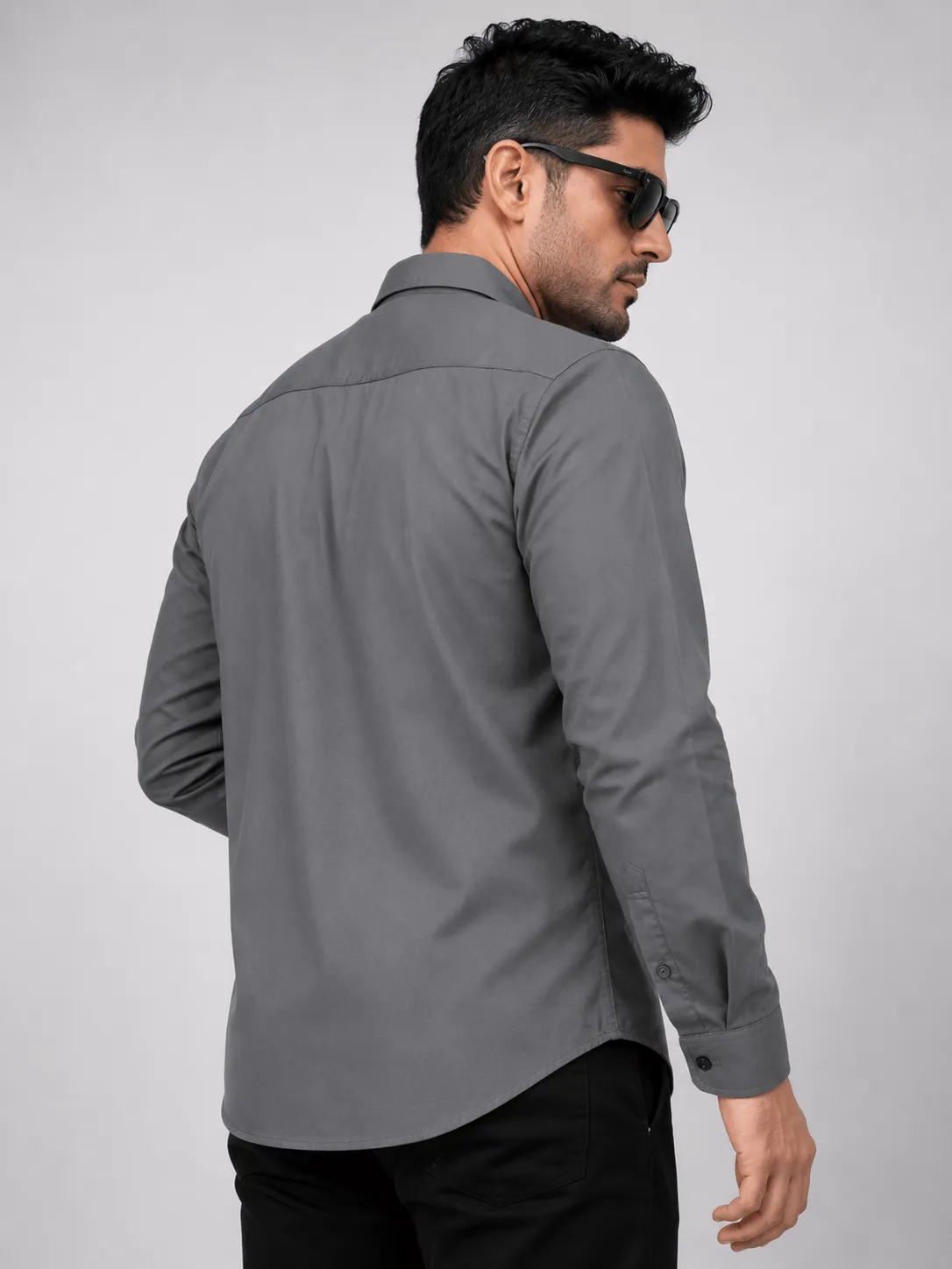 Men's Regular Fit Charcoal Grey Solid Full Sleeve Shirt with Contrast Inner Placket
