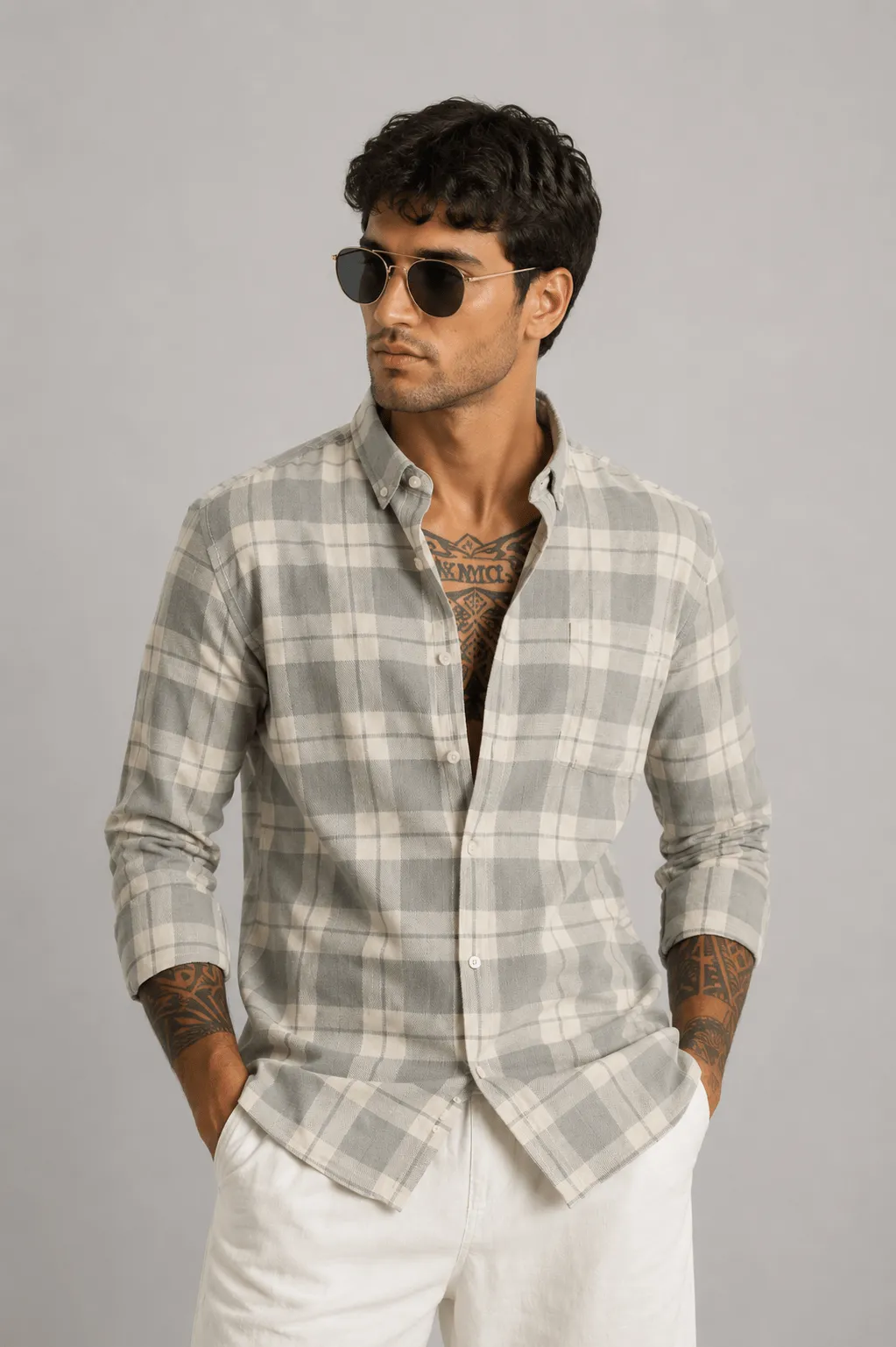 Men's Relaxed Fit Sage Green & Off-White Checkered Full Sleeve Casual Shirt