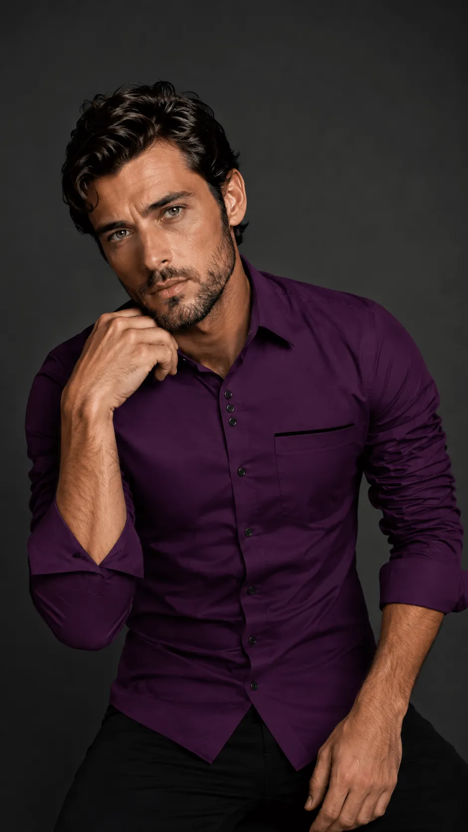 Men's Slim Fit Solid Deep Purple Full Sleeve Shirt with Black Contrast Pocket Piping