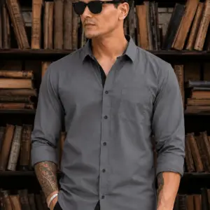 Men’s Regular Fit Charcoal Grey Solid Full Sleeve Shirt with Contrast Inner Placket