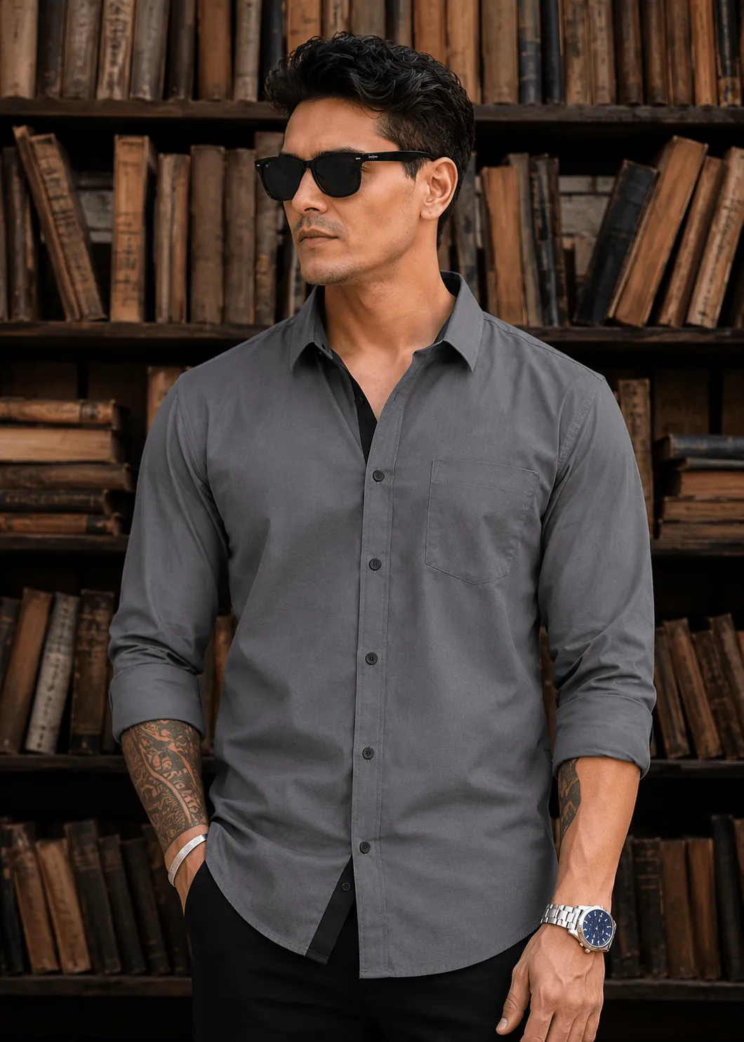 Men's Regular Fit Charcoal Grey Solid Full Sleeve Shirt with Contrast Inner Placket