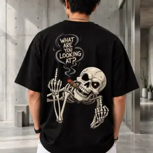 “What Are You Looking At?” Smoking Skeleton / Middle Finger Graphic Oversized T-Shirt
