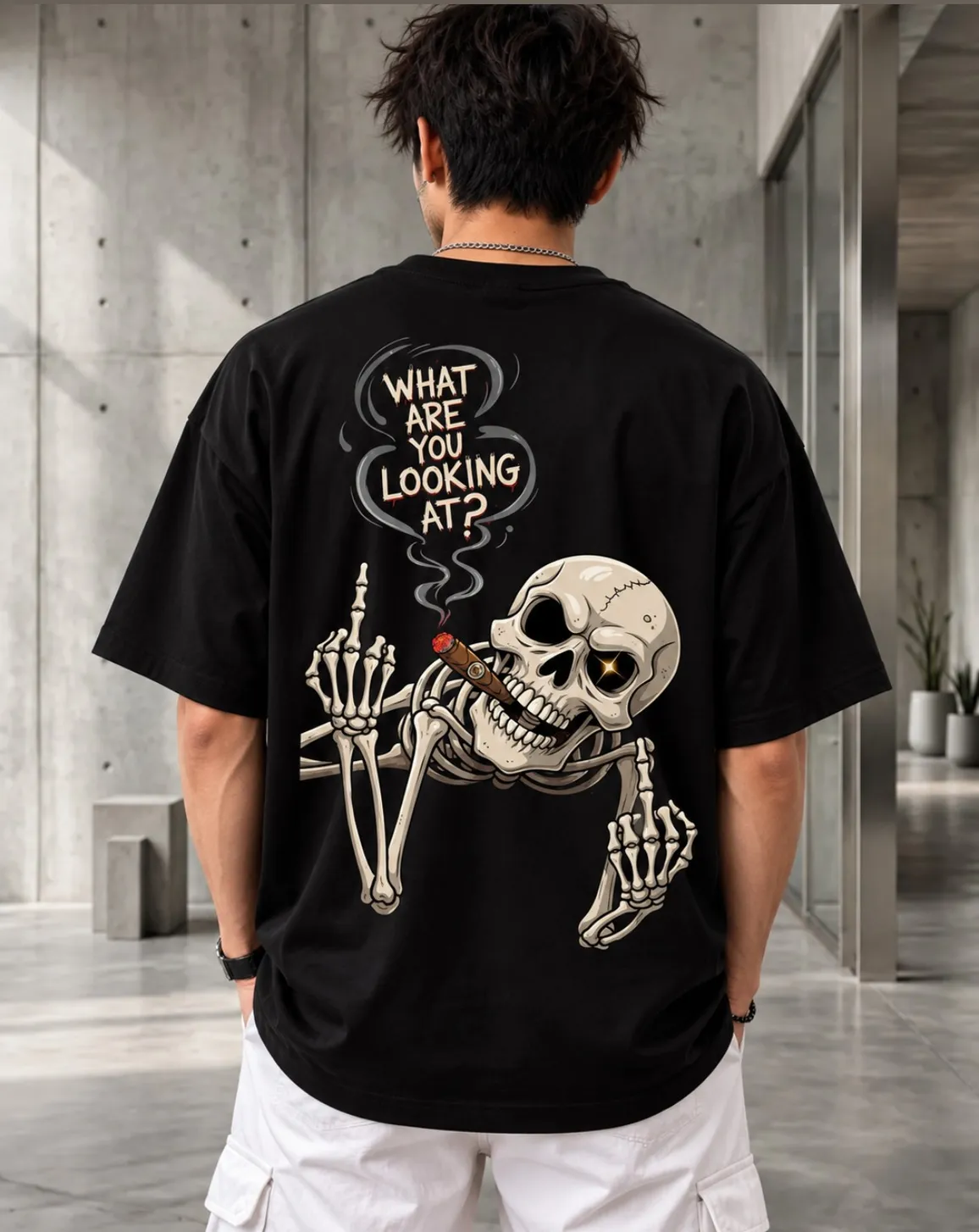 "What Are You Looking At?" Smoking Skeleton / Middle Finger Graphic Oversized T-Shirt