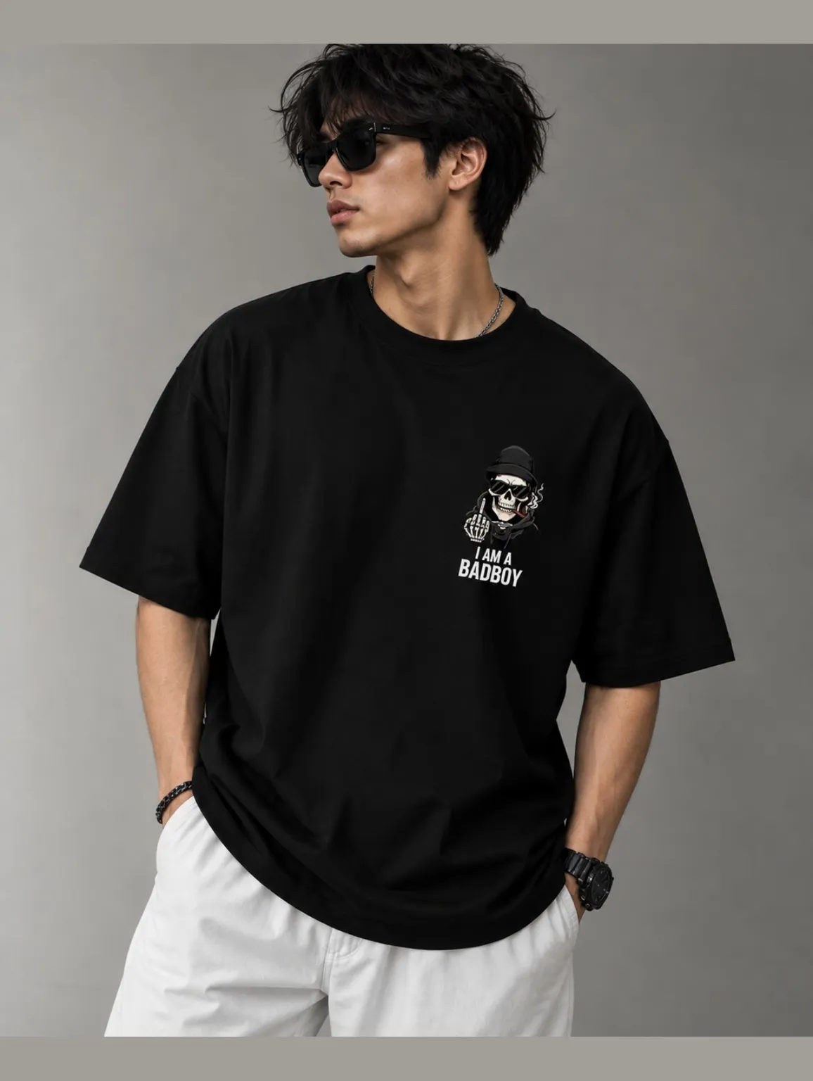 "What Are You Looking At?" Smoking Skeleton / Middle Finger Graphic Oversized T-Shirt