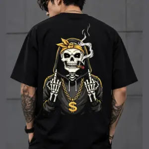 Smoking Skeleton / Bandana Skull Oversized Streetwear Graphic T-Shirt